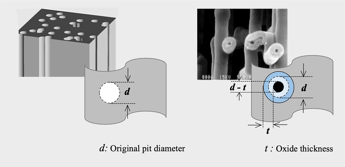 Figure 14 Schematic diagram of tunnel pit on aluminum foil (left), and oxides (right)