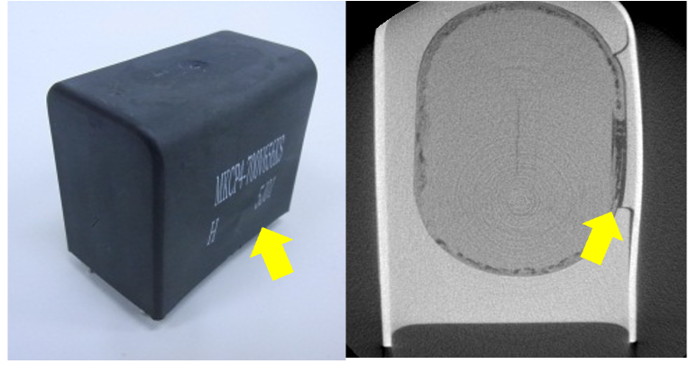 図5 高温高湿バイアス試験で故障したフィルムコンデンサ*の外観(左)とX線CT画像(右)