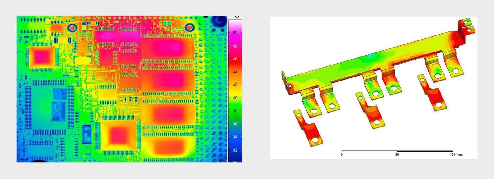 図5 発熱部品や対流の滞りによる基板内の不均一な温度分布とバスバーの伝熱のイメージ